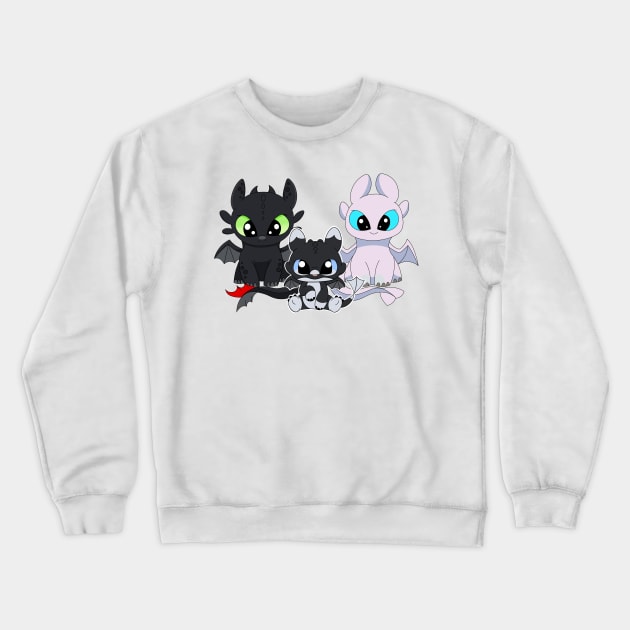 Fury family with boy, baby fury toothless, night furies, light fury dragon Crewneck Sweatshirt by PrimeStore